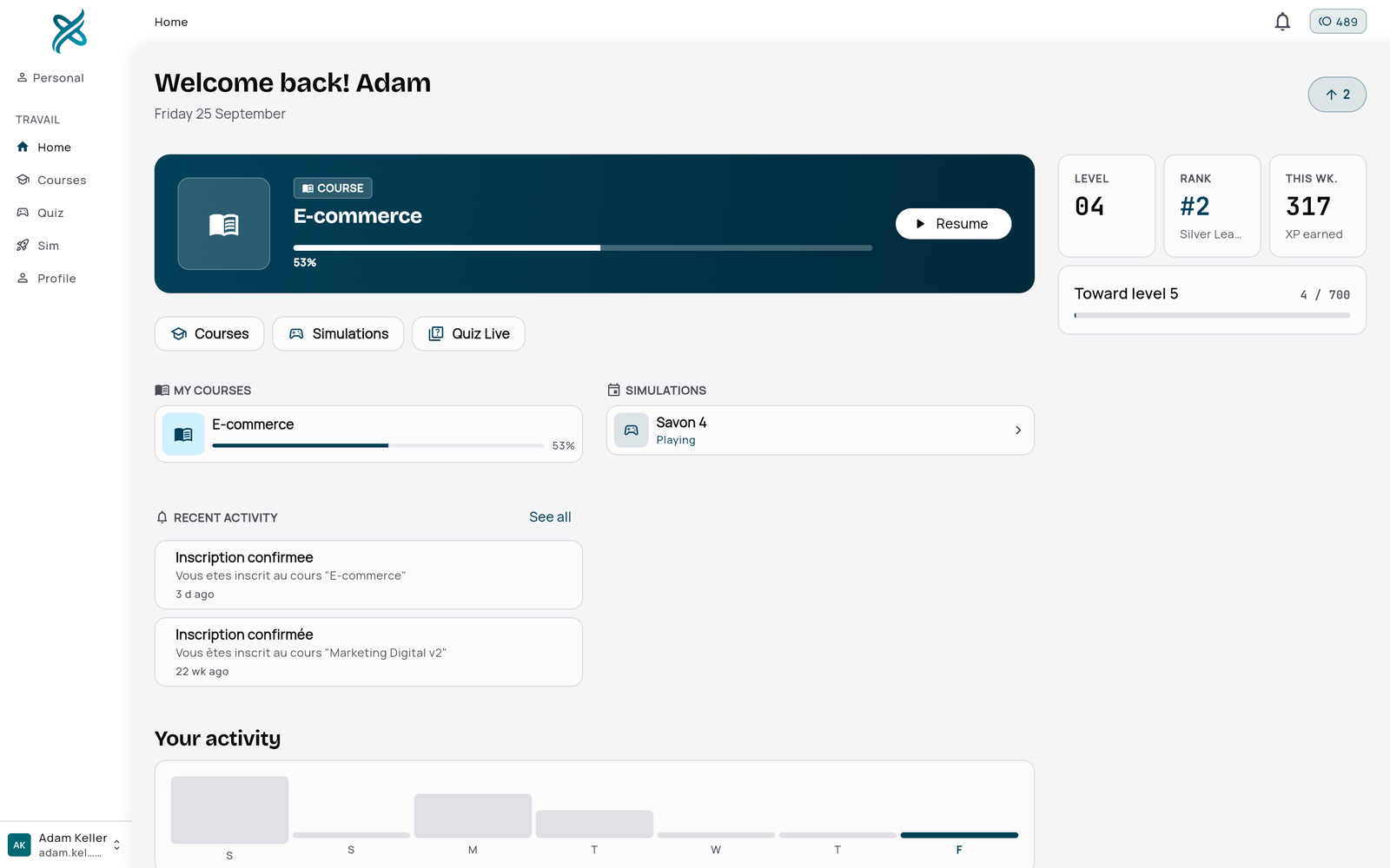 A learner’s dashboard: course in progress, level, rank and points earned