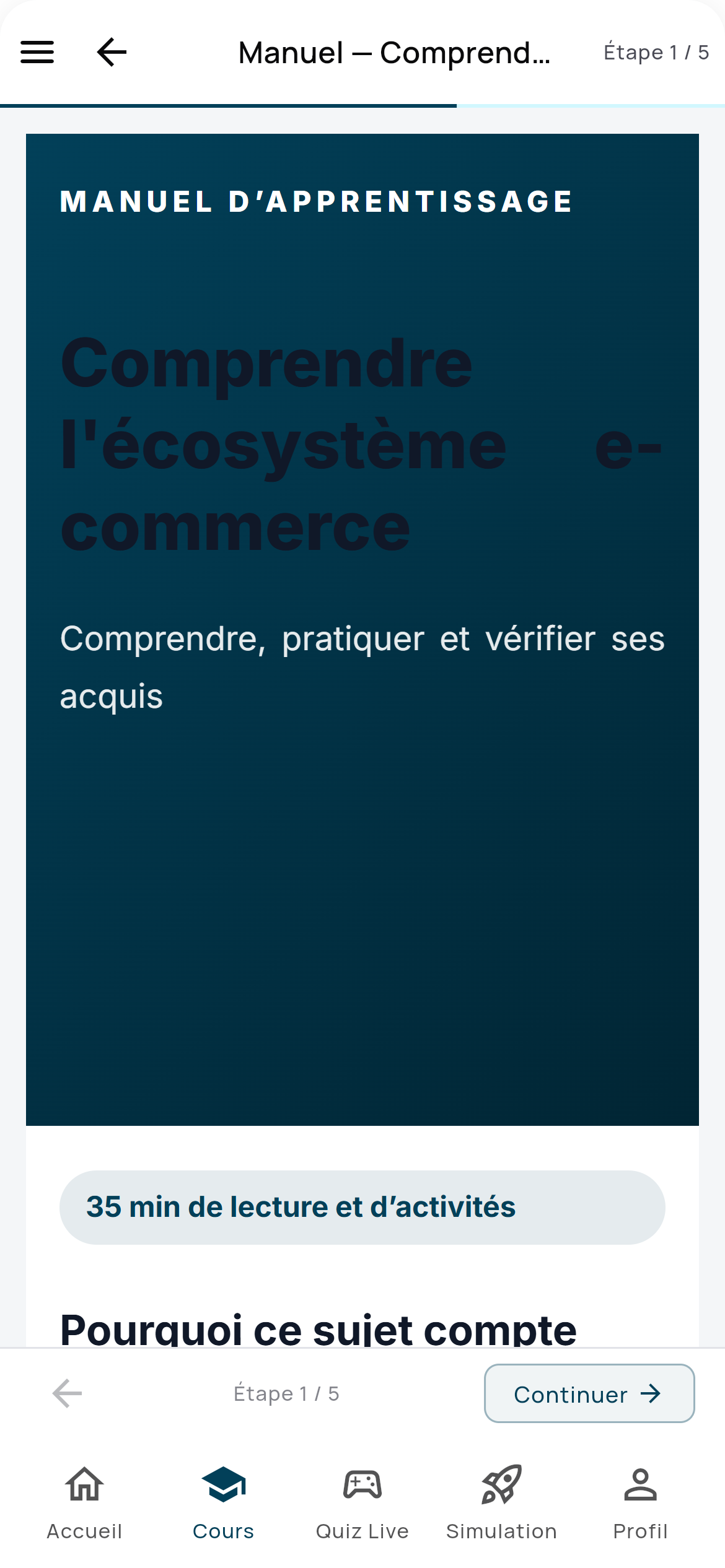 Une leçon du cours « E-commerce » sur téléphone