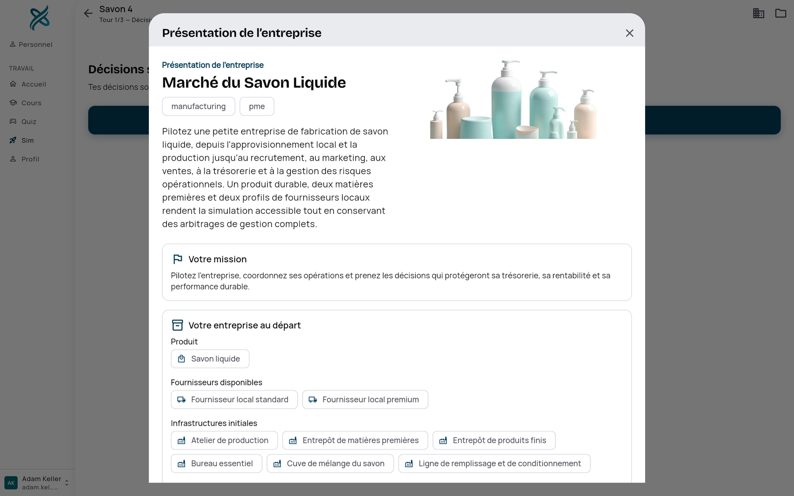 Une simulation d’entreprise : la présentation du marché du savon liquide et de l’entreprise de départ