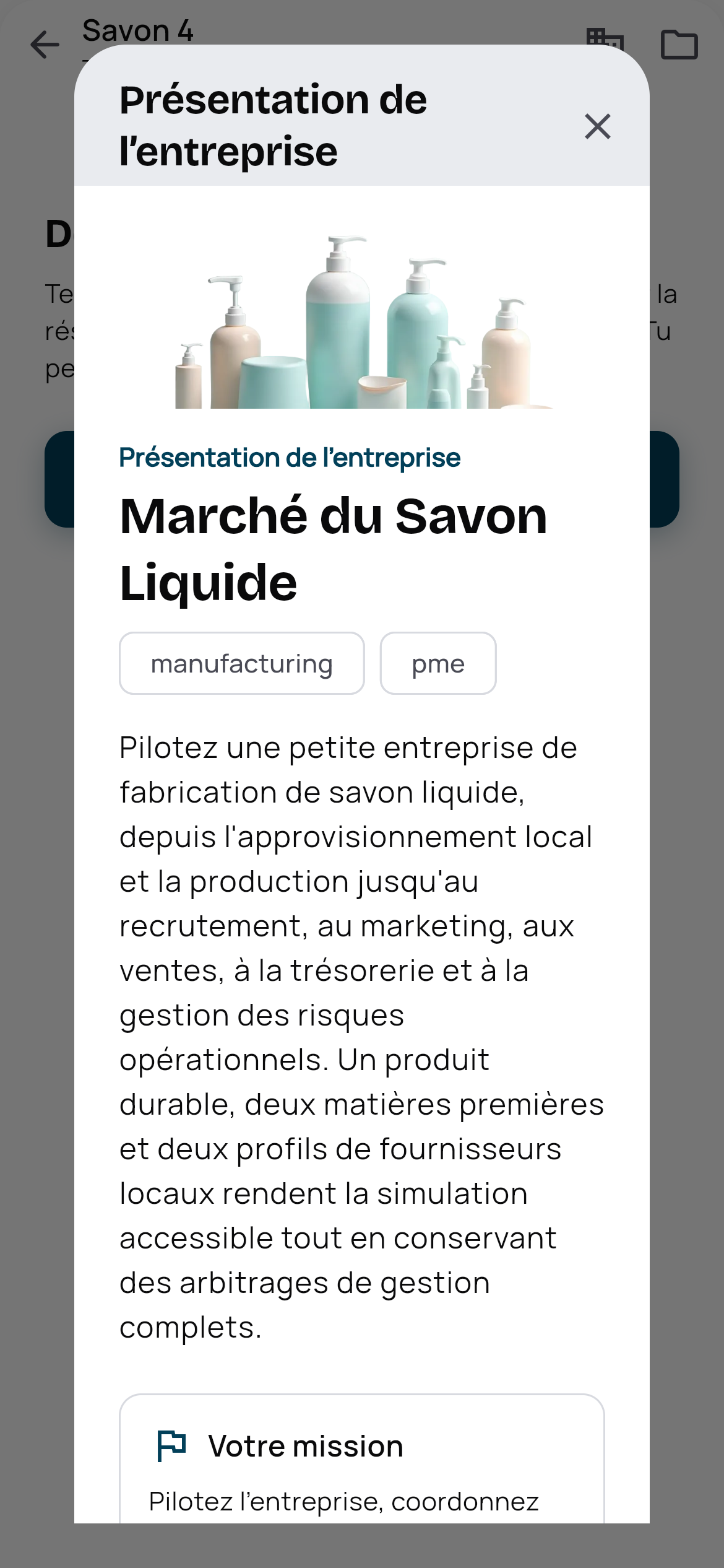 La présentation de l’entreprise d’une simulation, sur téléphone