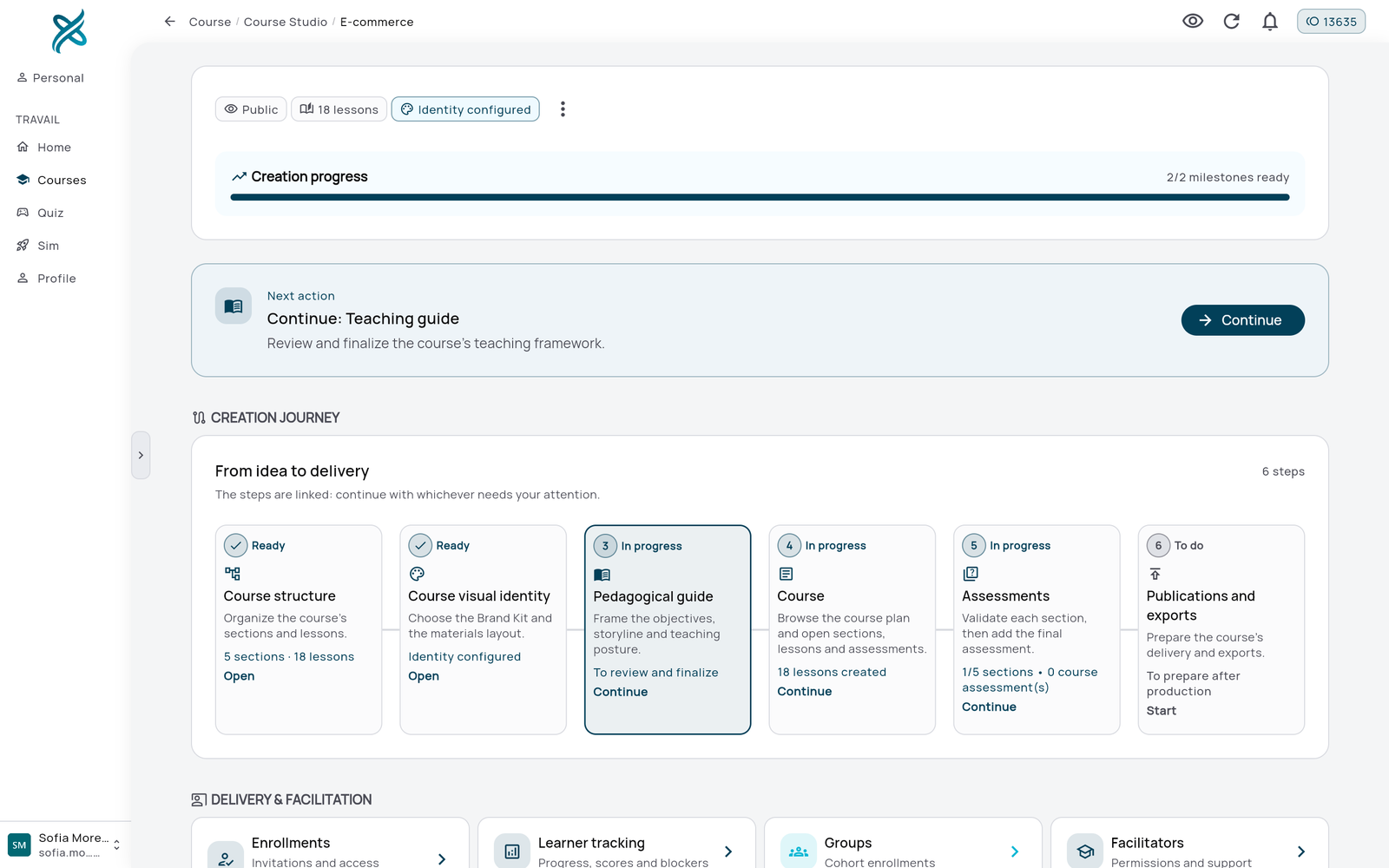 The course studio for an “E-commerce” course: generated sections, lessons and assessments