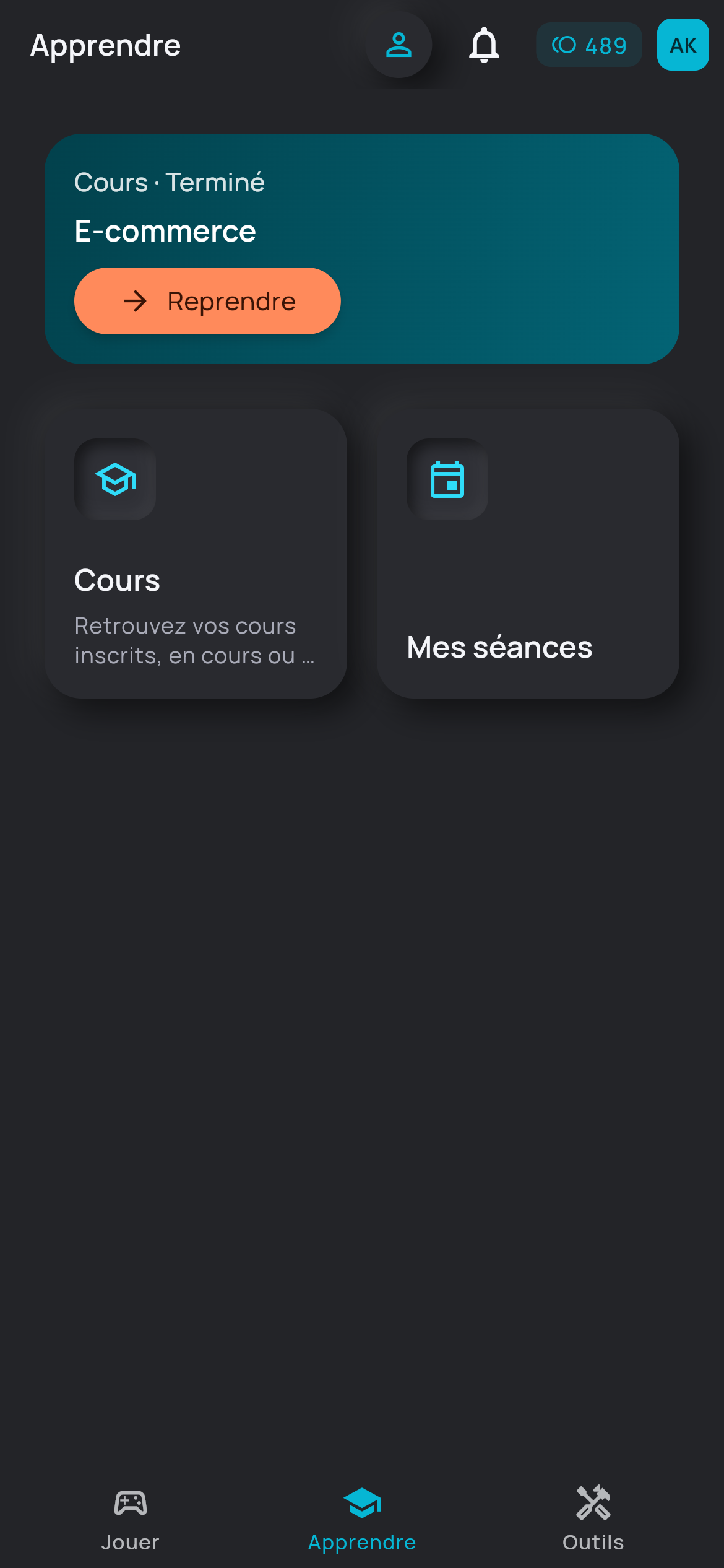 Le tableau de bord d’un apprenant : cours en cours, niveau, rang et points gagnés