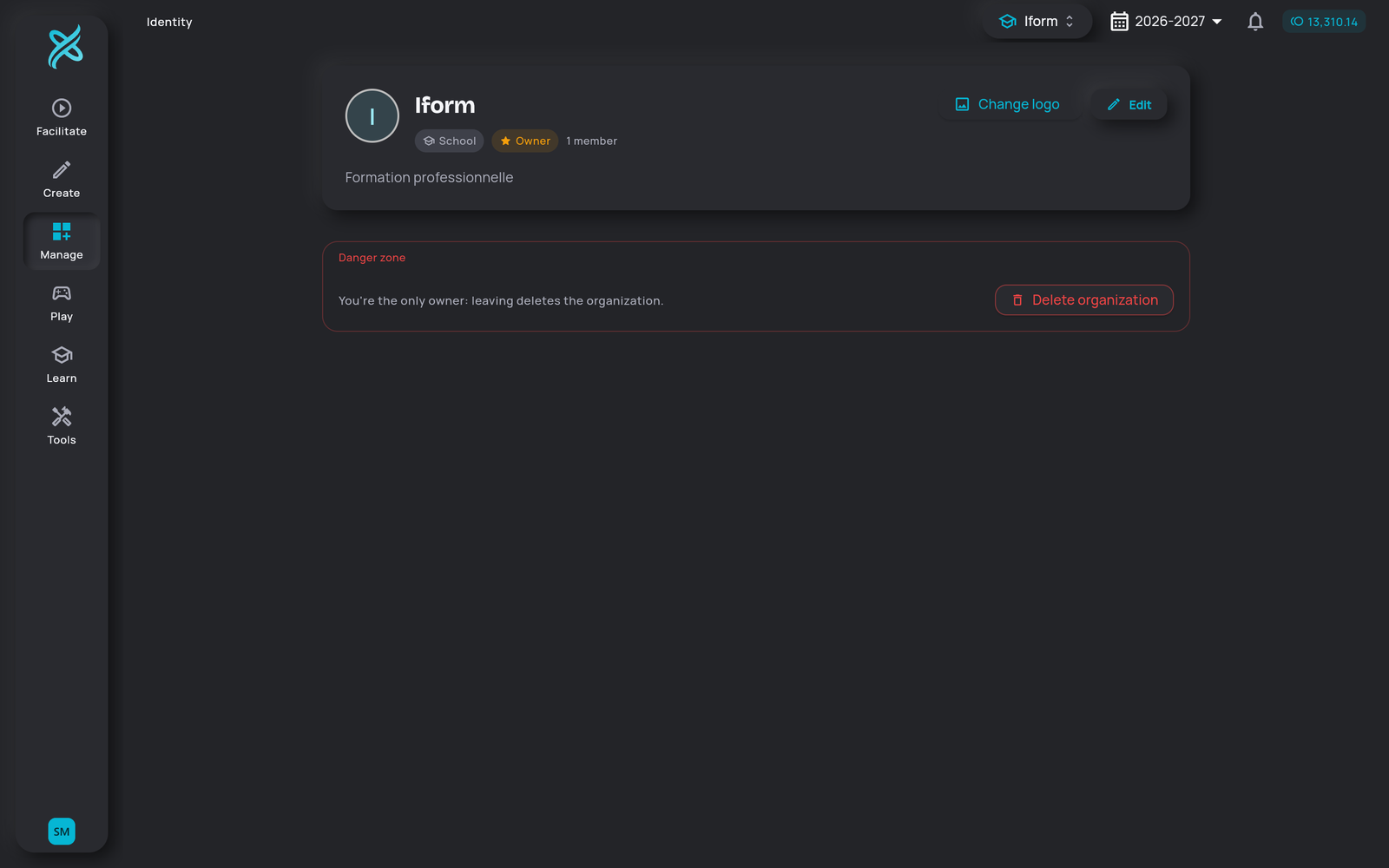 Managing an organization in XPERYO