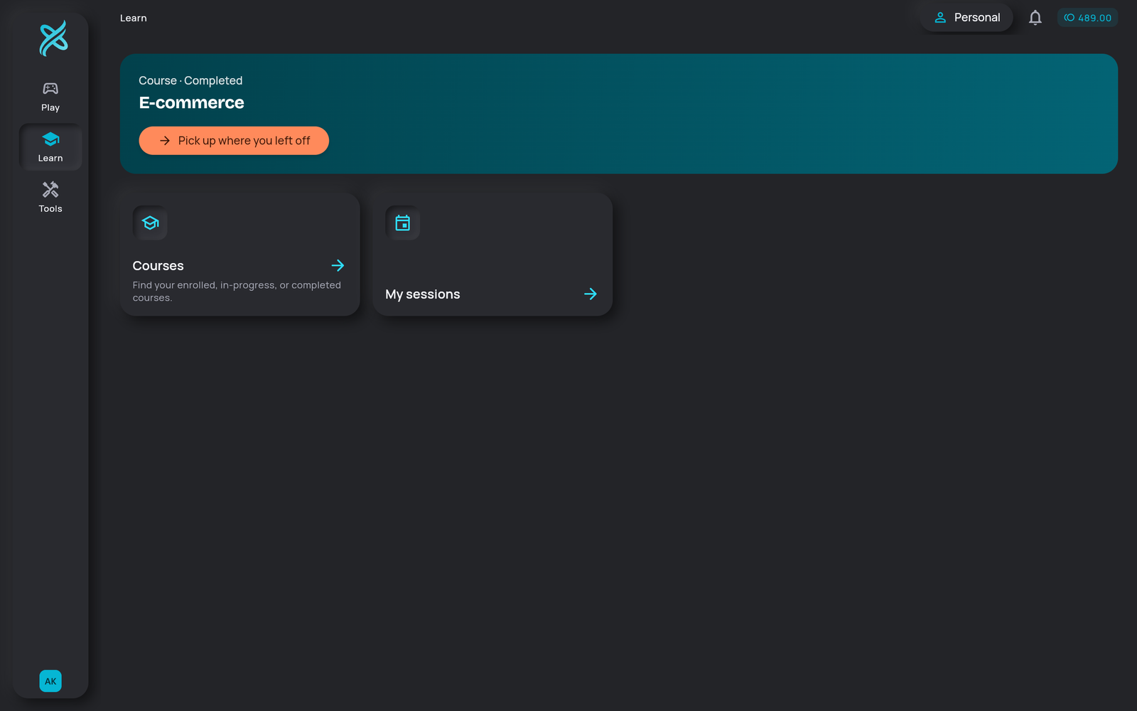 A learner’s dashboard: course in progress, level, rank and points earned
