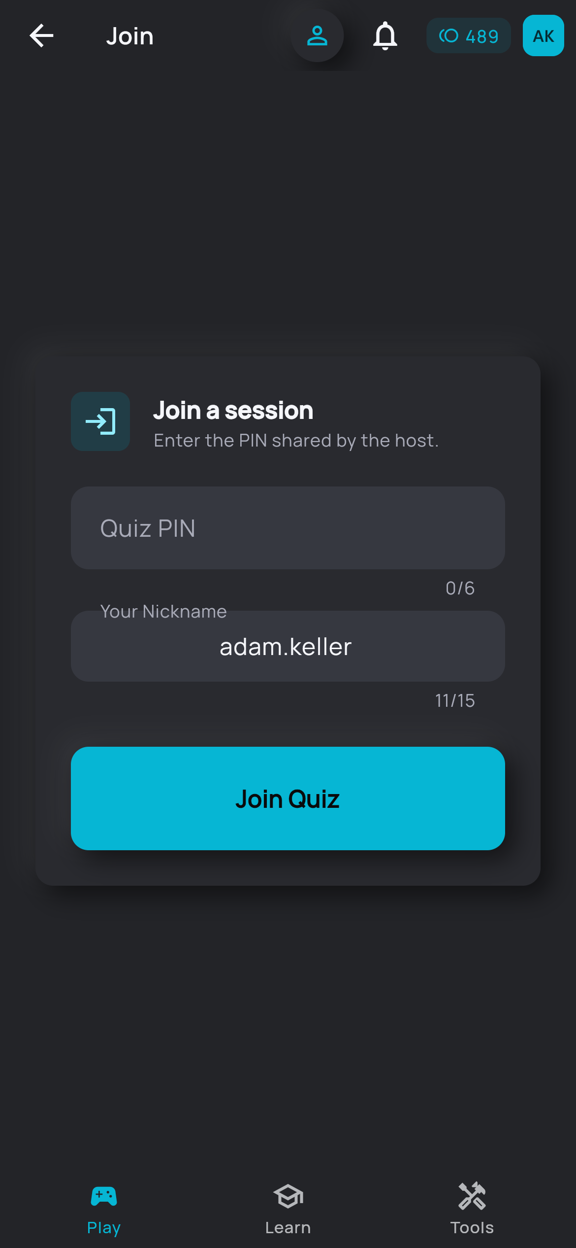 The screen to join a live quiz with a code, on a phone