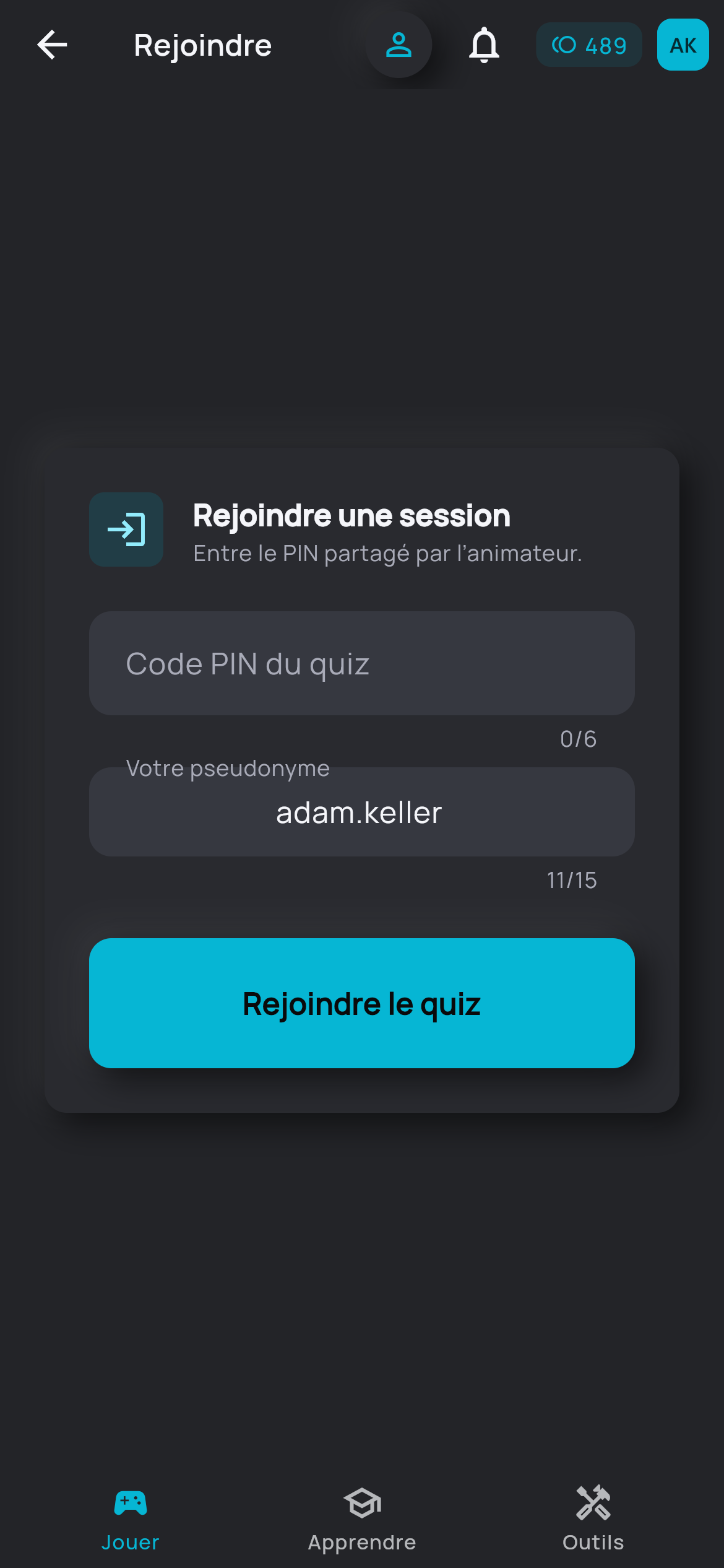 L’écran pour rejoindre un quiz en direct avec un code, sur téléphone