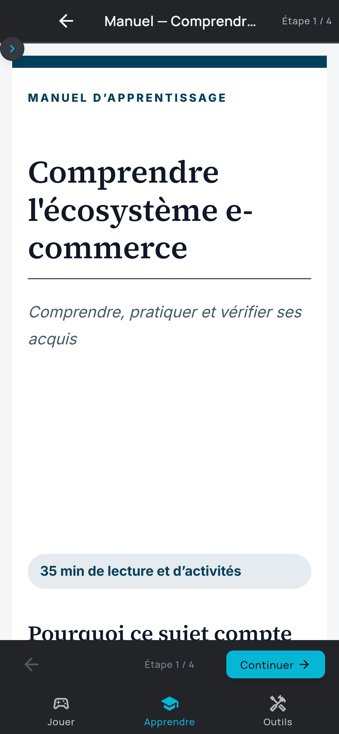 Une leçon du cours « E-commerce » sur téléphone